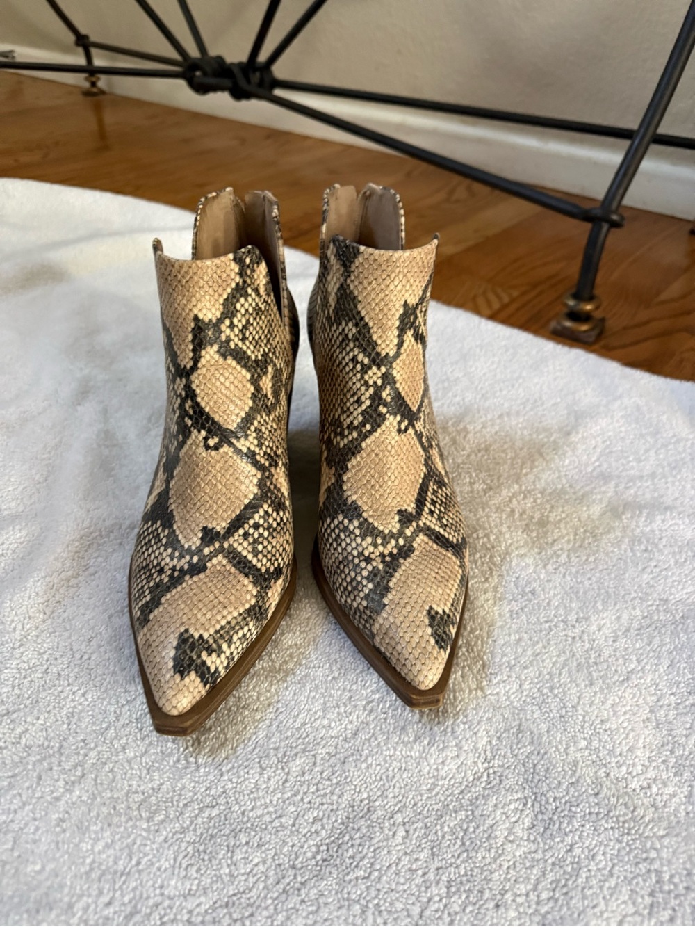 Vince Camuto Beige and Black Snake-Print Pointed Toe Ankle Booties
